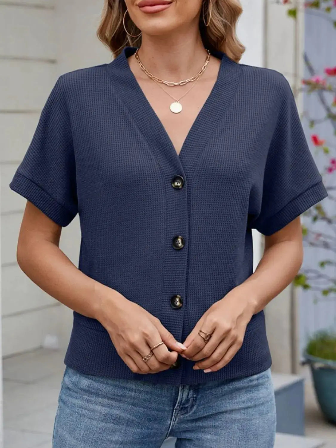 Waffle Knit Button Down Short Sleeve Top - Clothes For Her Online Store