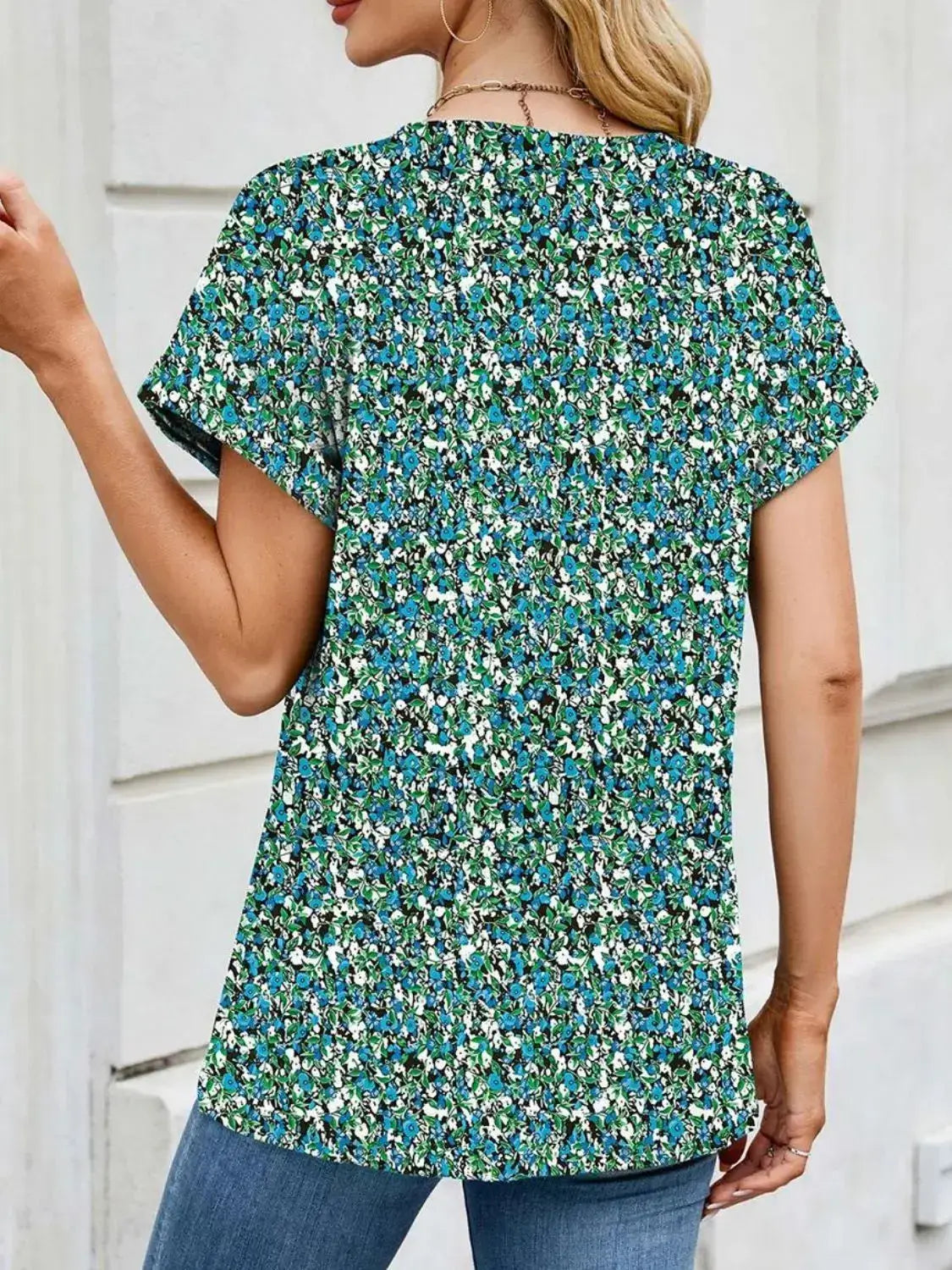 Printed Round Neck Short Sleeve Top - Clothes For Her Online Store