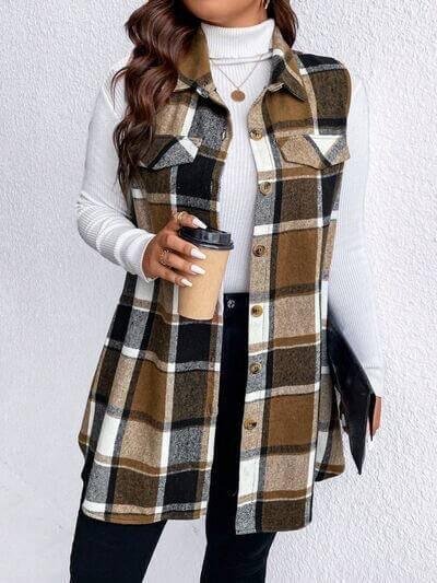 Honey Plus Size Pocketed Plaid Button Up Vest Coat - Clothes For Her Online Store