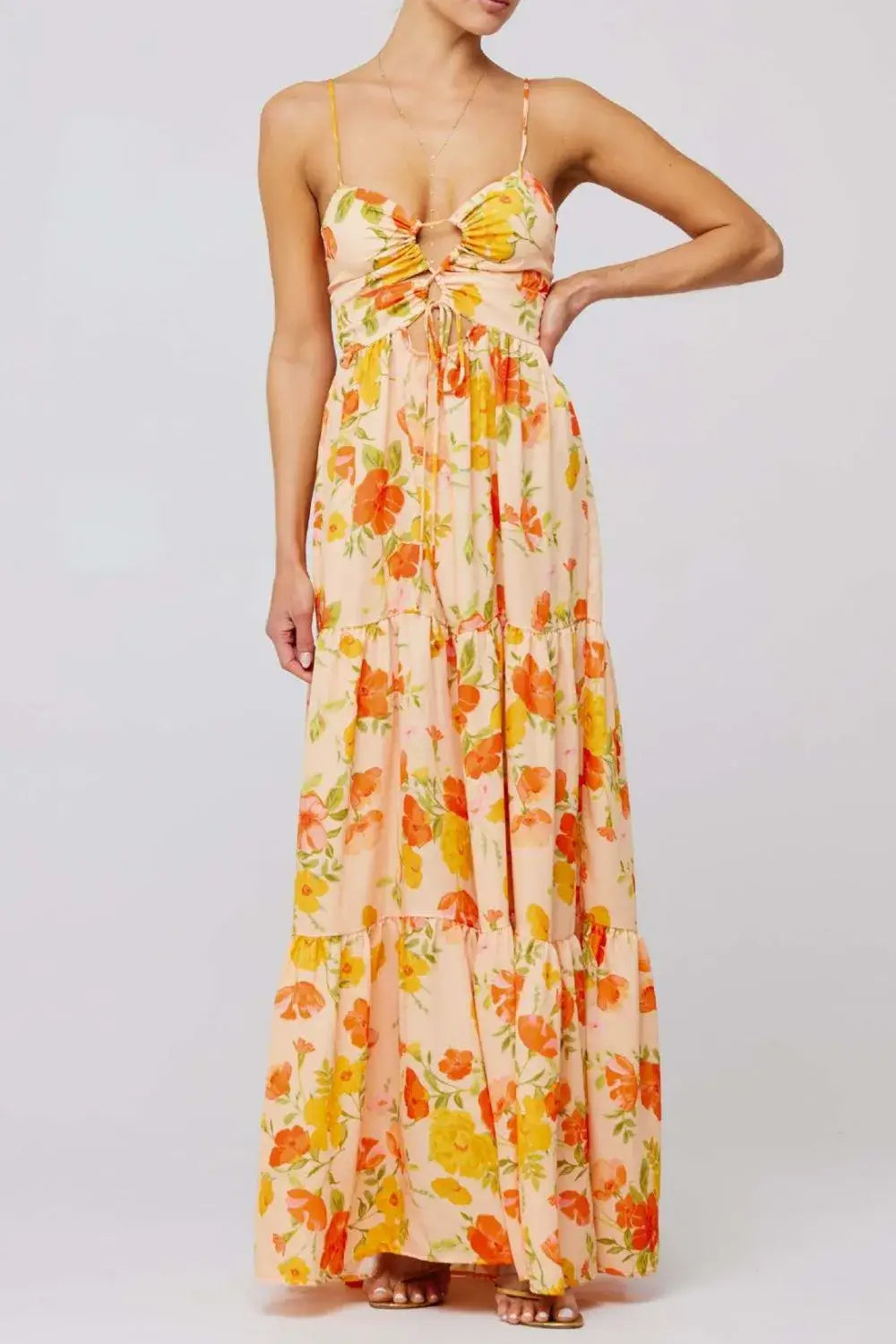 Floral Print Tie Front Tiered Maxi Dress