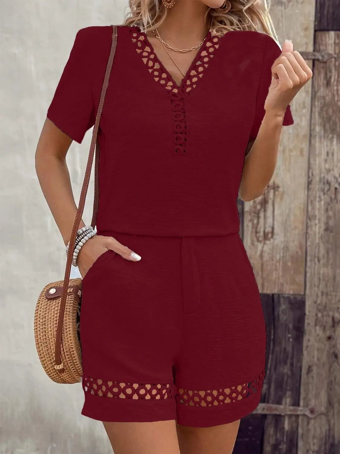 V Neck Short Sleeve Top and Shorts Set - Clothes For Her Online Store