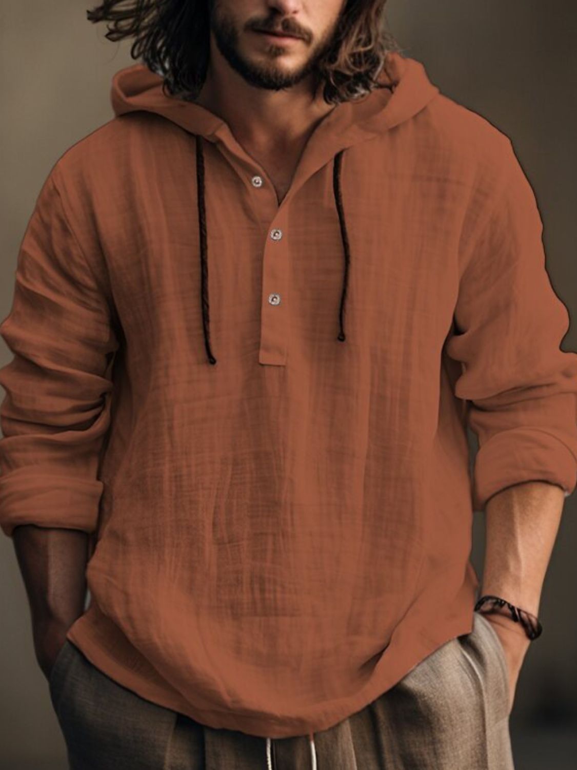 Men's Full Size Half Button Long Sleeve Hoodie - Clothes For Her Online Store