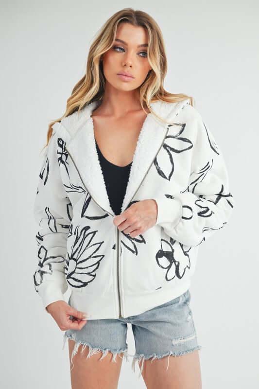 Aemi + Co Flower Print Zip Up Sherpa Hoodie