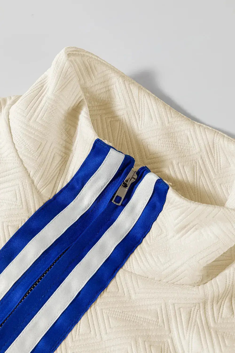 Striped Trim Textured Quarter Zipper Short Sleeve Top - Clothes For Her Online Store