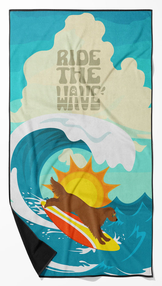 Surfer Dog Mahogany Golden Retriever Premium Beach Towel Oversized Towel Beach Blanket, Pool, Beach Essentials, Yoga, Premium Bath Towel, Quick Dry Plush