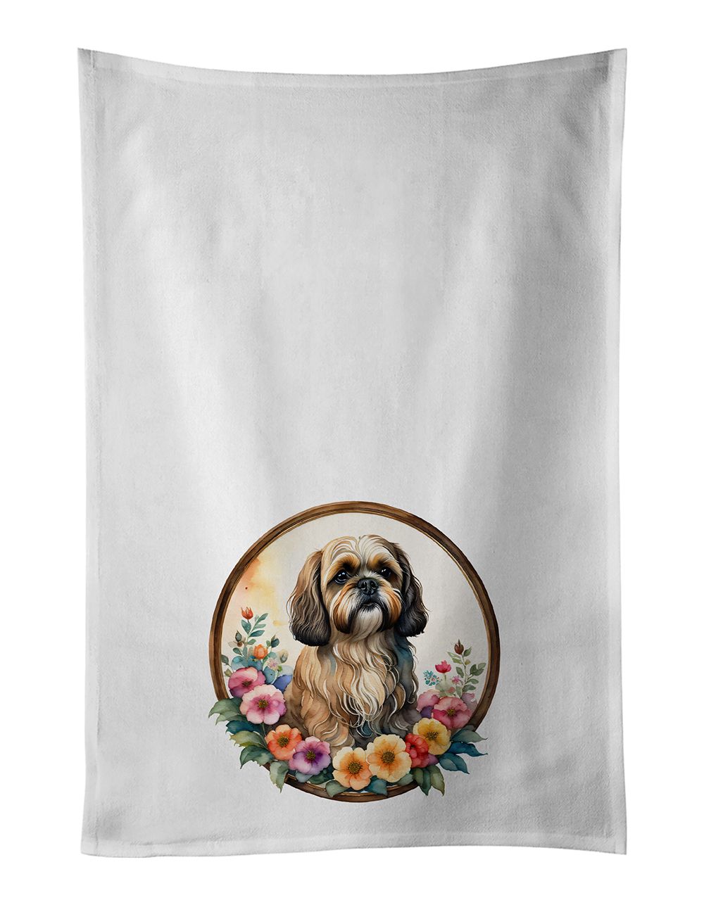 Lhasa Apso and Flowers Kitchen Towel Set of 2 White Dish Towels Decorative Bathroom Hand towel for Hand, Face, Hair, Yoga, Tea, Dishcloth, 19 X 28", White