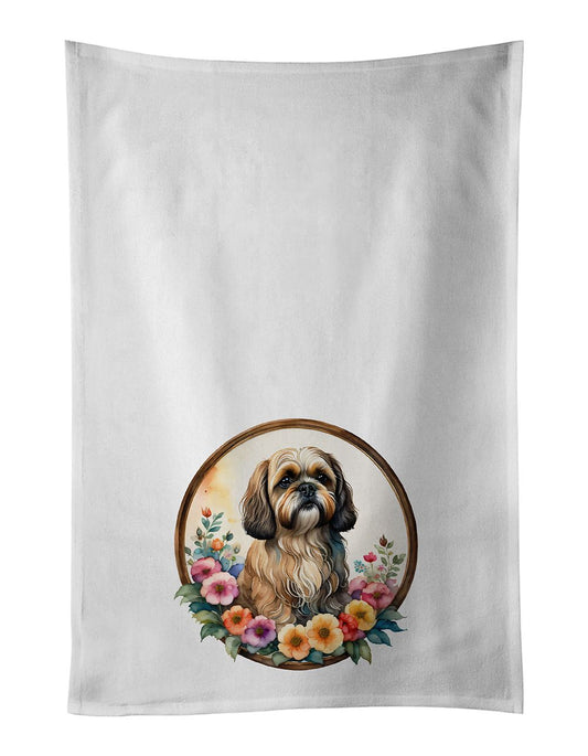 Lhasa Apso and Flowers Kitchen Towel Set of 2 White Dish Towels Decorative Bathroom Hand towel for Hand, Face, Hair, Yoga, Tea, Dishcloth, 19 X 28", White