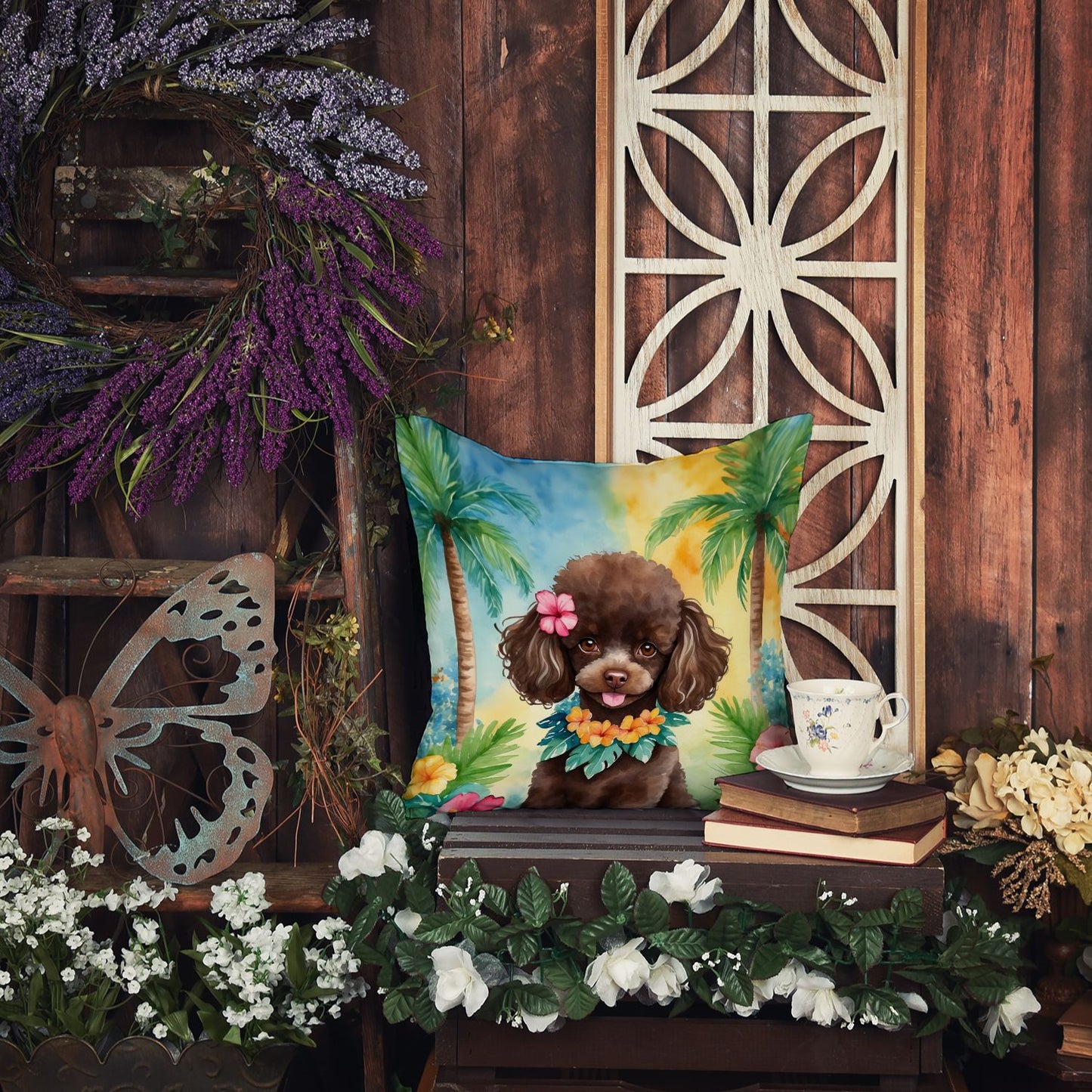 Chocolate Poodle Luau Throw Pillow Machine Washable, Indoor Outdoor Decorative Pillow for Couch, Bed or Patio, 14Hx14W