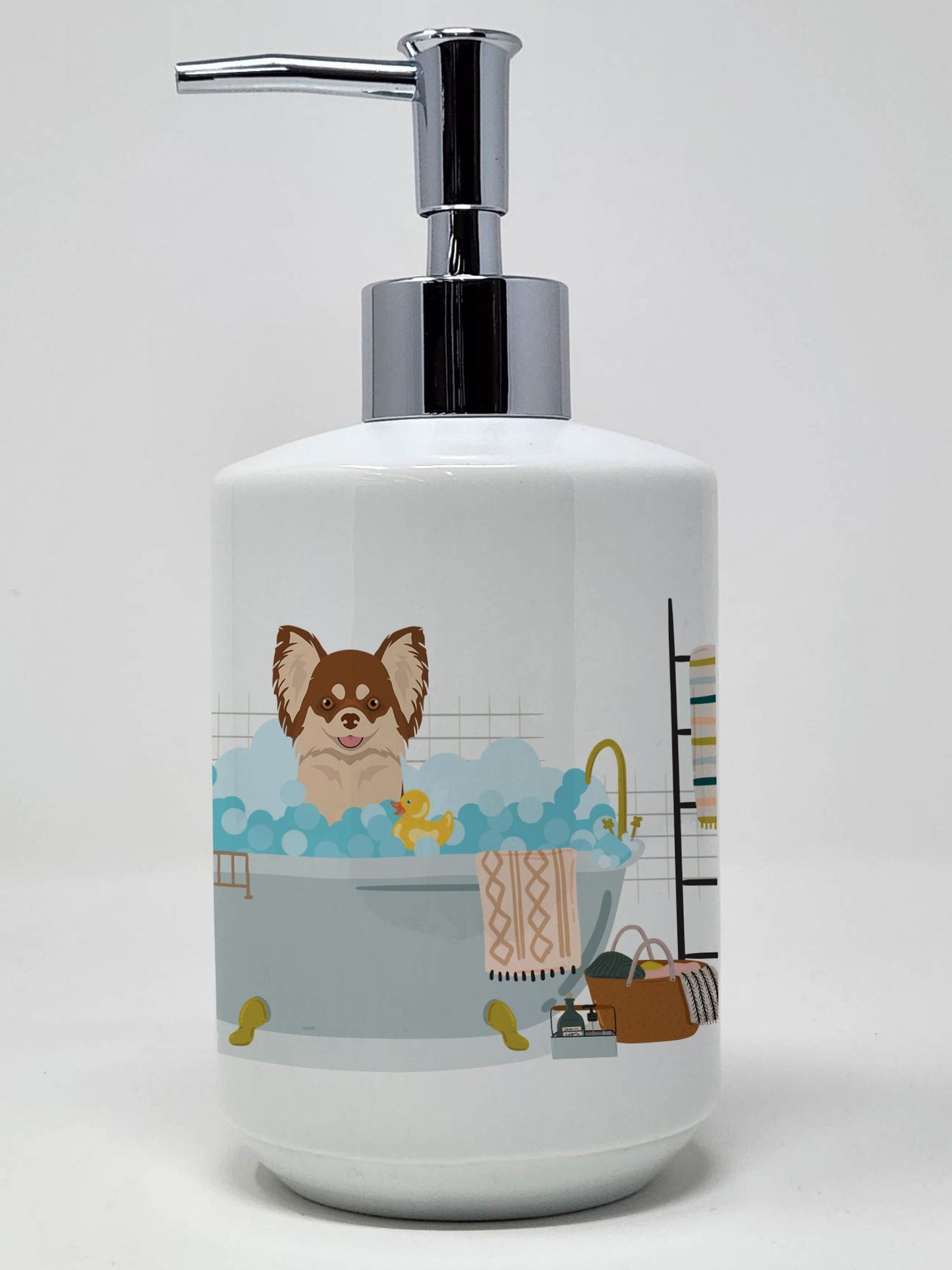Longhaired Chocolate and White Chihuahua Ceramic Soap Dispenser Hand Soap Dispenser Pump Bottles for Bathroom Kitchen, Empty Refillable Liquid Soap Container