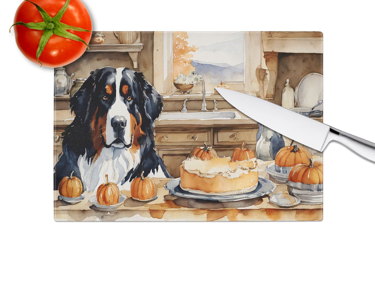 NEW Bernese Mountain Dog Fall Kitchen Pumpkins Glass Cutting Board Decorative Tempered Glass Kitchen Cutting and Serving Board Large Size Chopping Board
