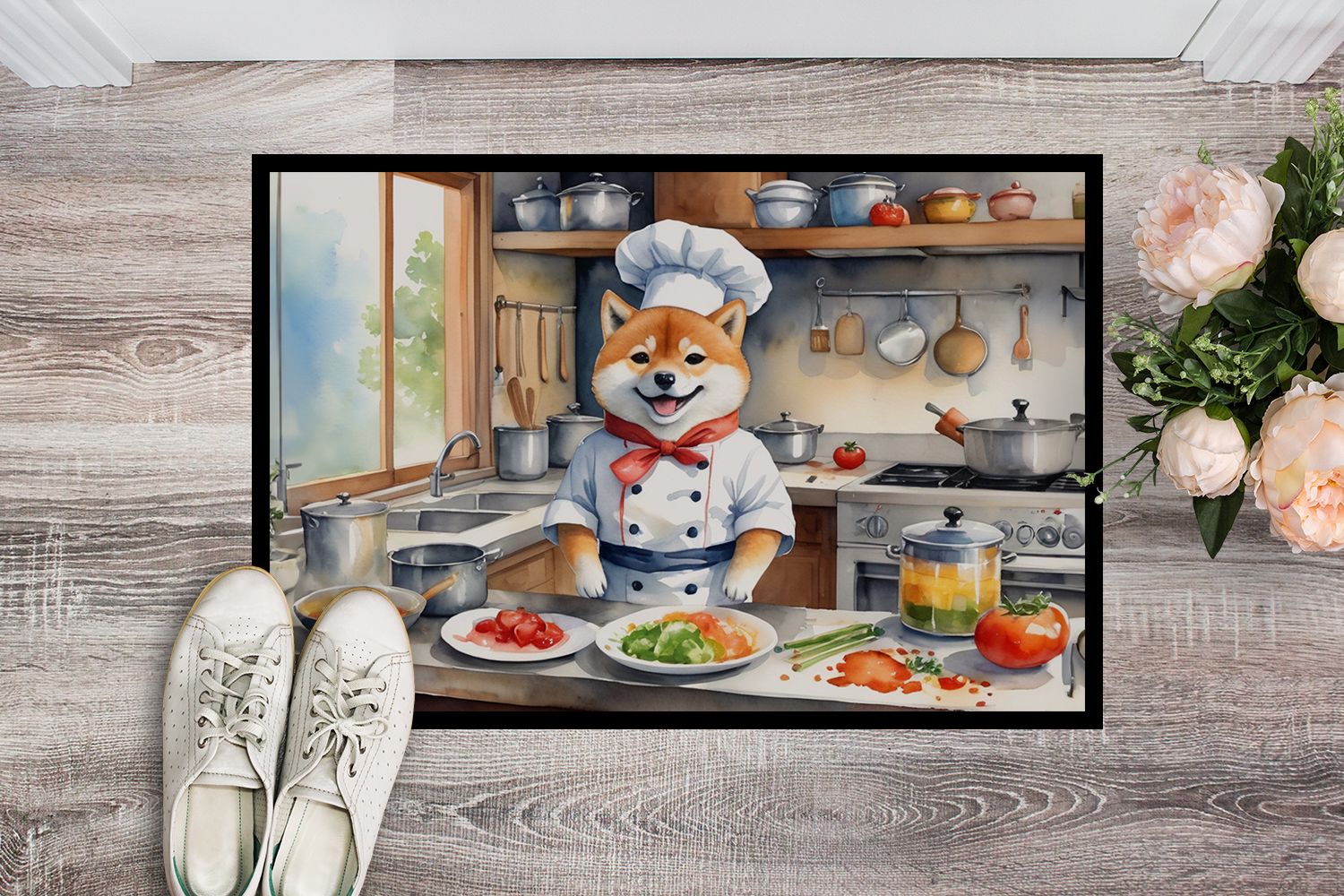 Shiba Inu The Chef Doormat Front Door Mat Indoor Outdoor Rugs for Entryway, Non Slip Washable Low Pile, 24H X 36W