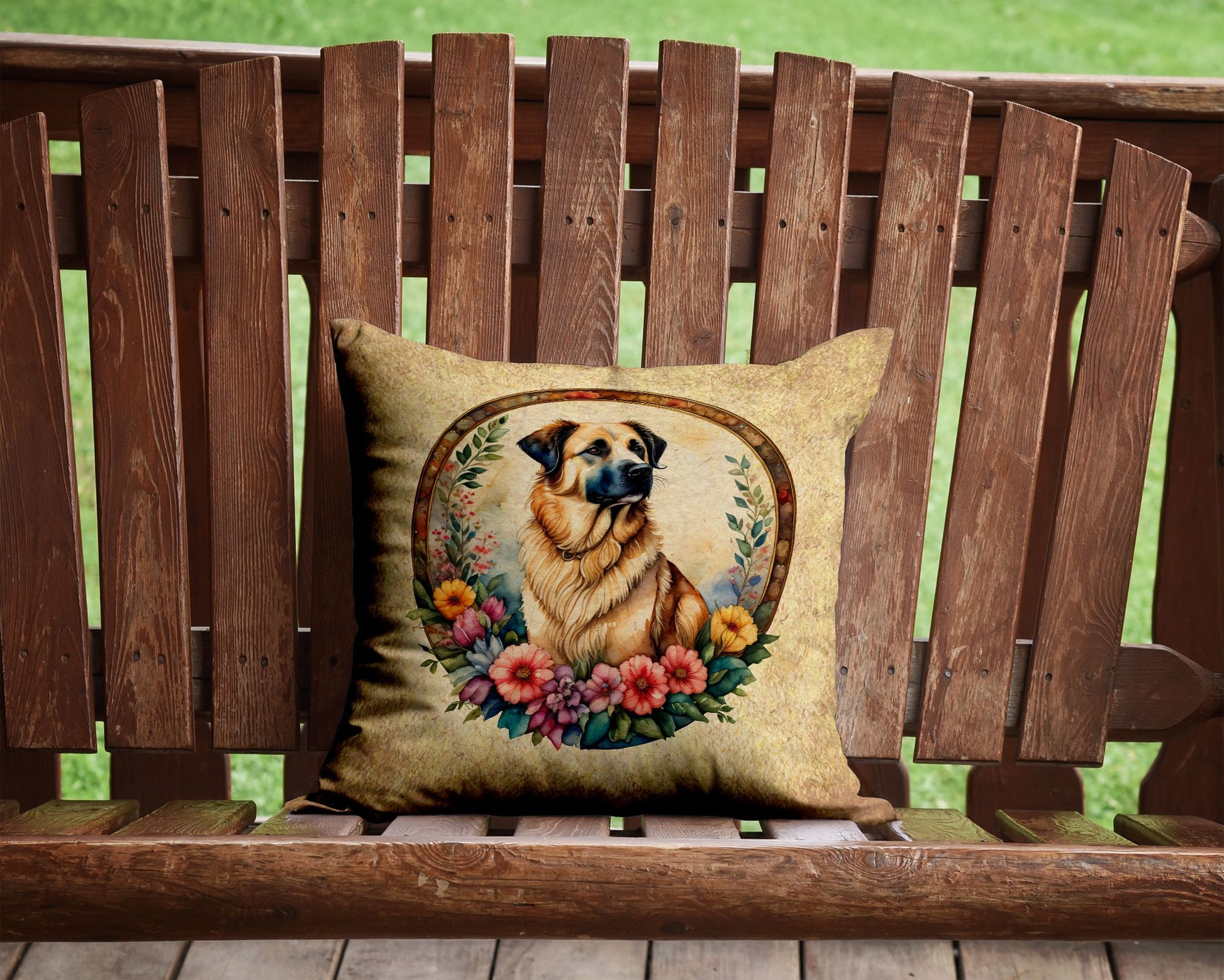 Anatolian Shepherd Dog and Flowers Throw Pillow Machine Washable, Indoor Outdoor Decorative Pillow for Couch, Bed or Patio, 14Hx14W