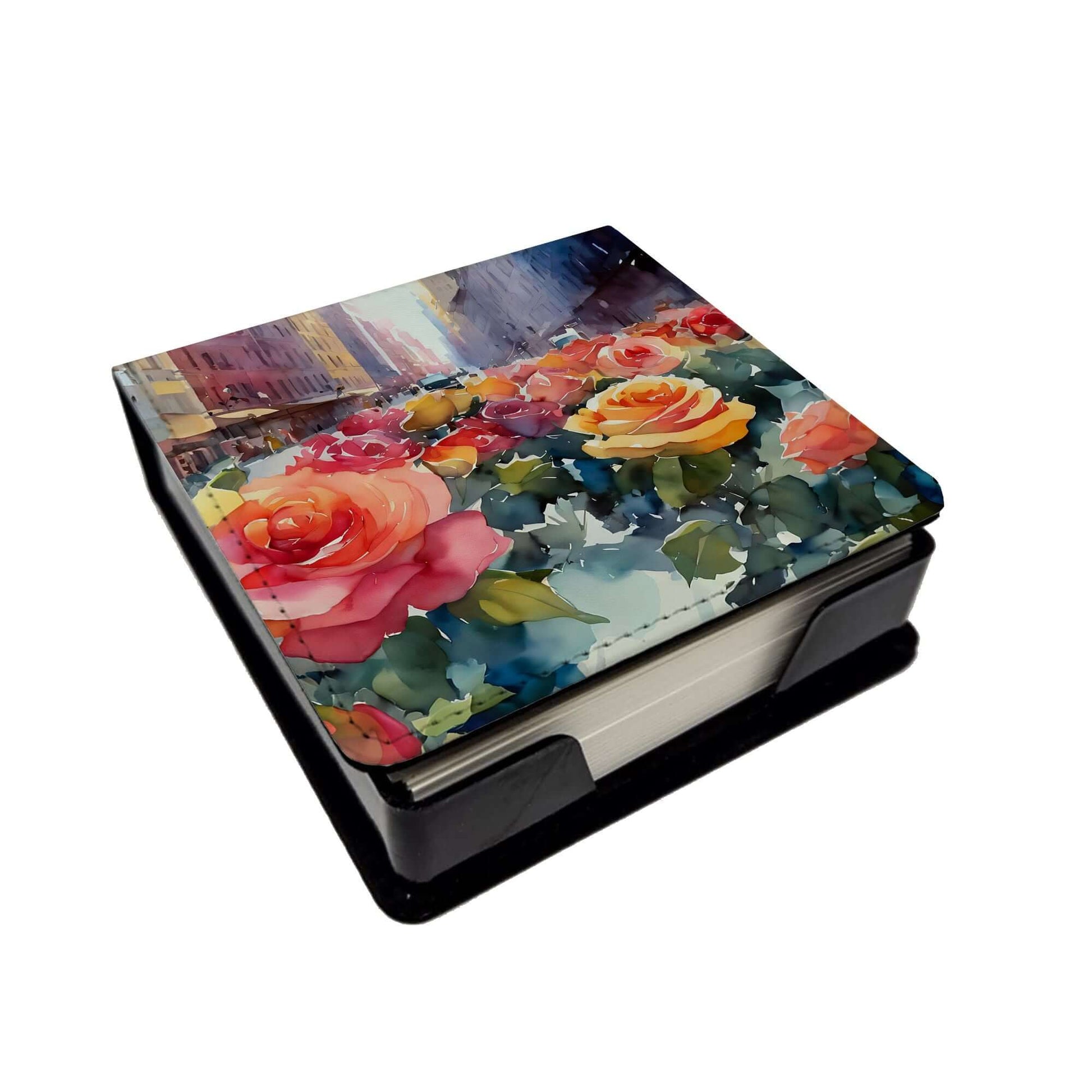 New York Roses in Watercolor PU Leather Note Paper Holder with Artist-Designed Cover, Desk Accessory, Office Gift