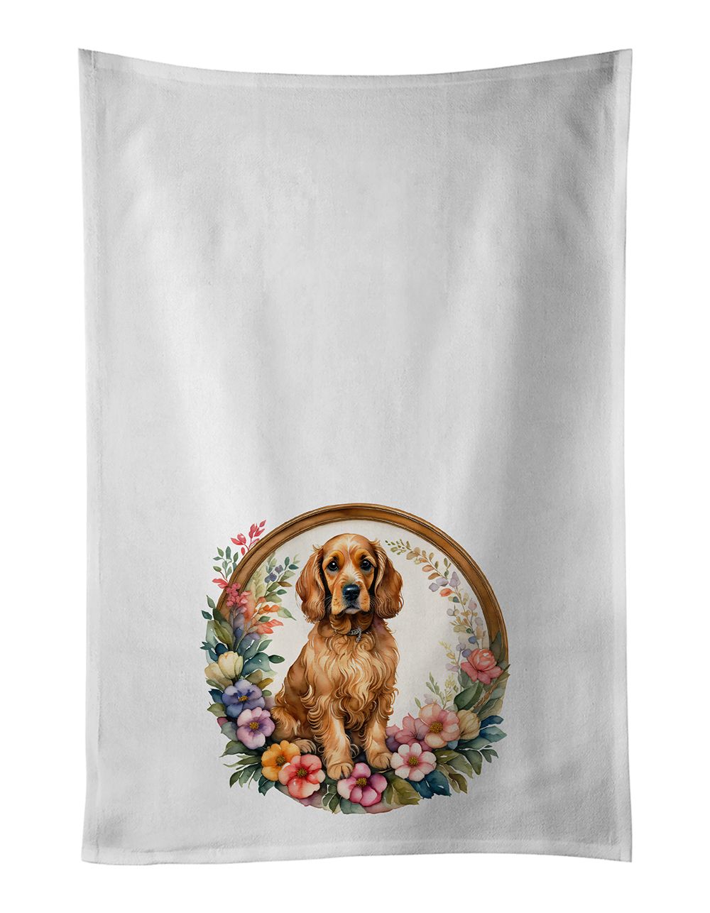 Cocker Spaniel and Flowers Kitchen Towel Set of 2 White Dish Towels Decorative Bathroom Hand towel for Hand, Face, Hair, Yoga, Tea, Dishcloth, 19 X 28", White