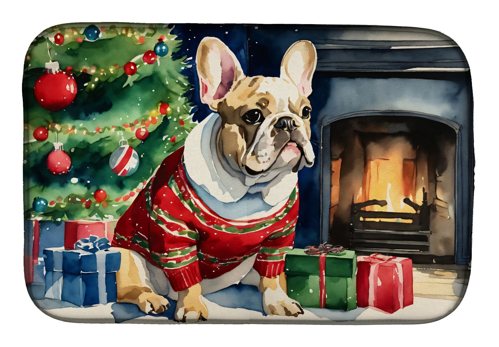 French Bulldog Cozy Christmas Dish Drying Mat Absorbent Dish Drying Mat Pad for Kitchen Counter Dish Drainer Mat for Countertop, 14 x 21", Multicolor