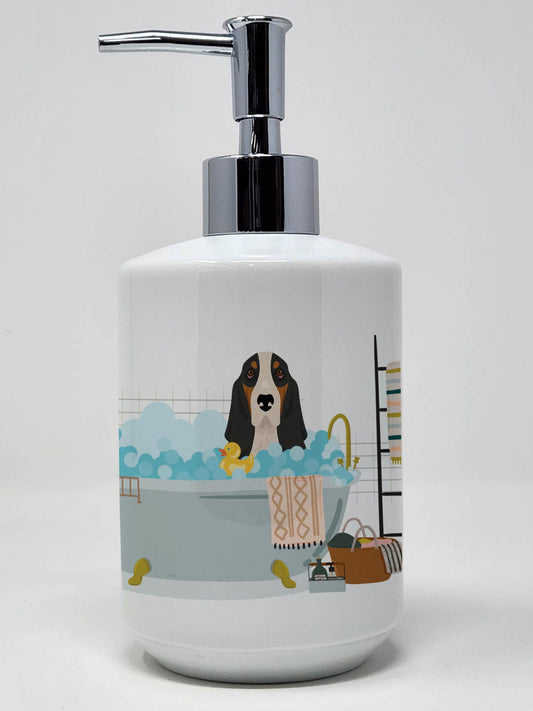 Black Tricolor Basset Hound Ceramic Soap Dispenser Hand Soap Dispenser Pump Bottles for Bathroom Kitchen, Empty Refillable Liquid Soap Container