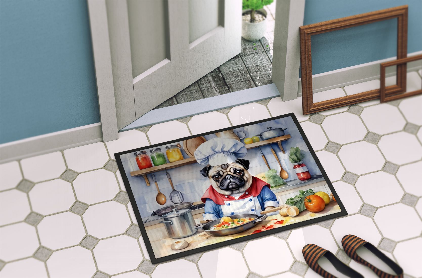 Pug The Chef Doormat Front Door Mat Indoor Outdoor Rugs for Entryway, Non Slip Washable Low Pile, 24H X 36W