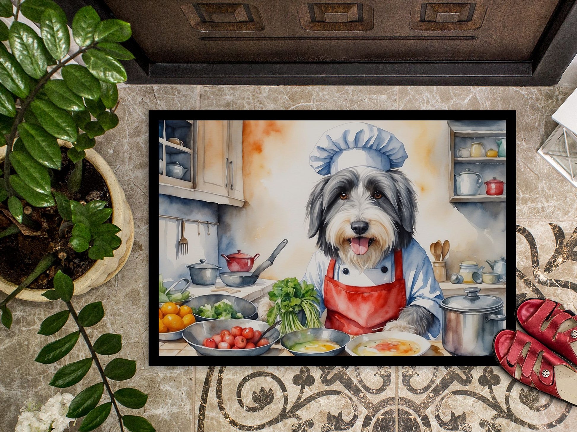 Bearded Collie The Chef Doormat Front Door Mat Indoor Outdoor Rugs for Entryway, Non Slip Washable Low Pile, 24H X 36W