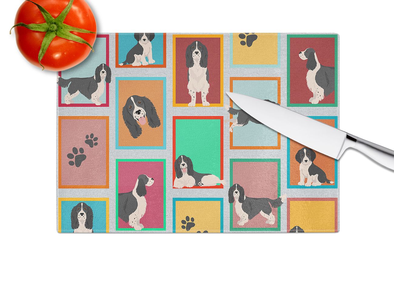 NEW Lots of Black and White English Springer Spaniel Glass Cutting Board Decorative Tempered Glass Kitchen Cutting and Serving Board Large Size Chopping Board