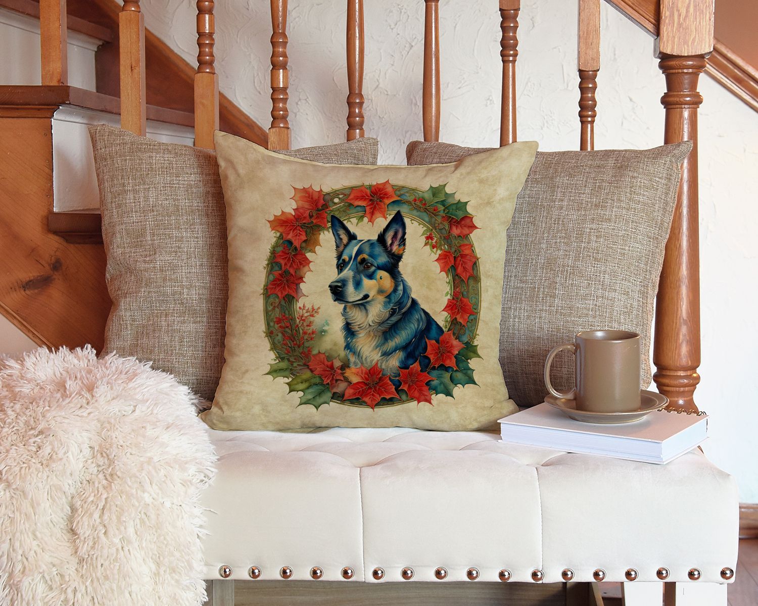 Australian Cattle Dog Christmas Flowers Throw Pillow Machine Washable, Indoor Outdoor Decorative Pillow for Couch, Bed or Patio, 14Hx14W