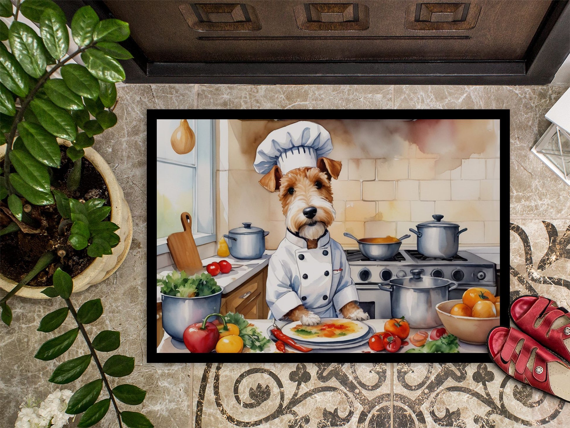 Fox Terrier The Chef Doormat Front Door Mat Indoor Outdoor Rugs for Entryway, Non Slip Washable Low Pile, 24H X 36W