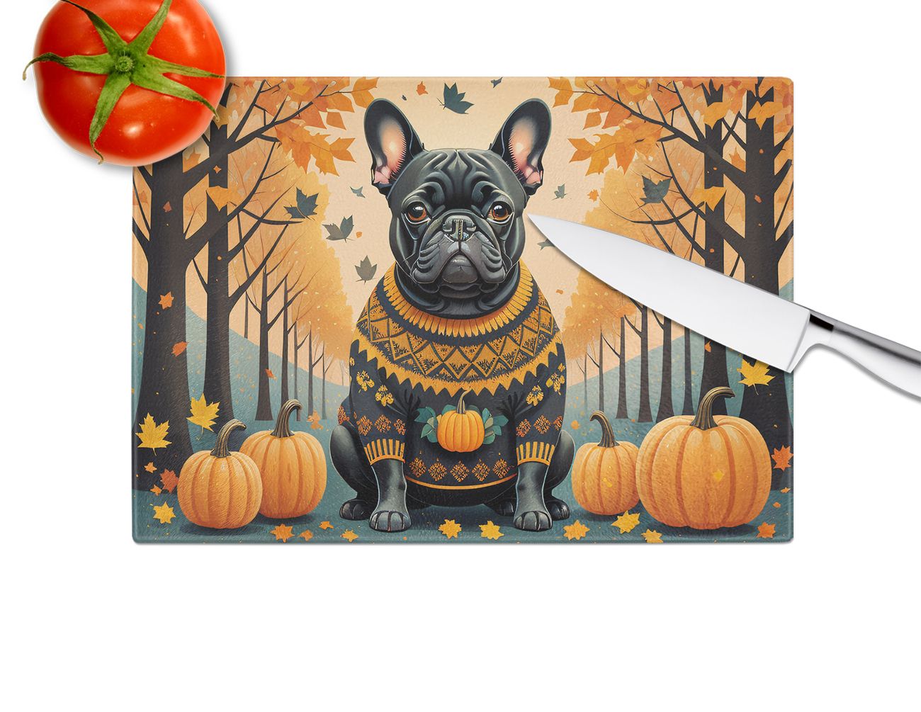 NEW Black French Bulldog Fall Glass Cutting Board Decorative Tempered Glass Kitchen Cutting and Serving Board Large Size Chopping Board