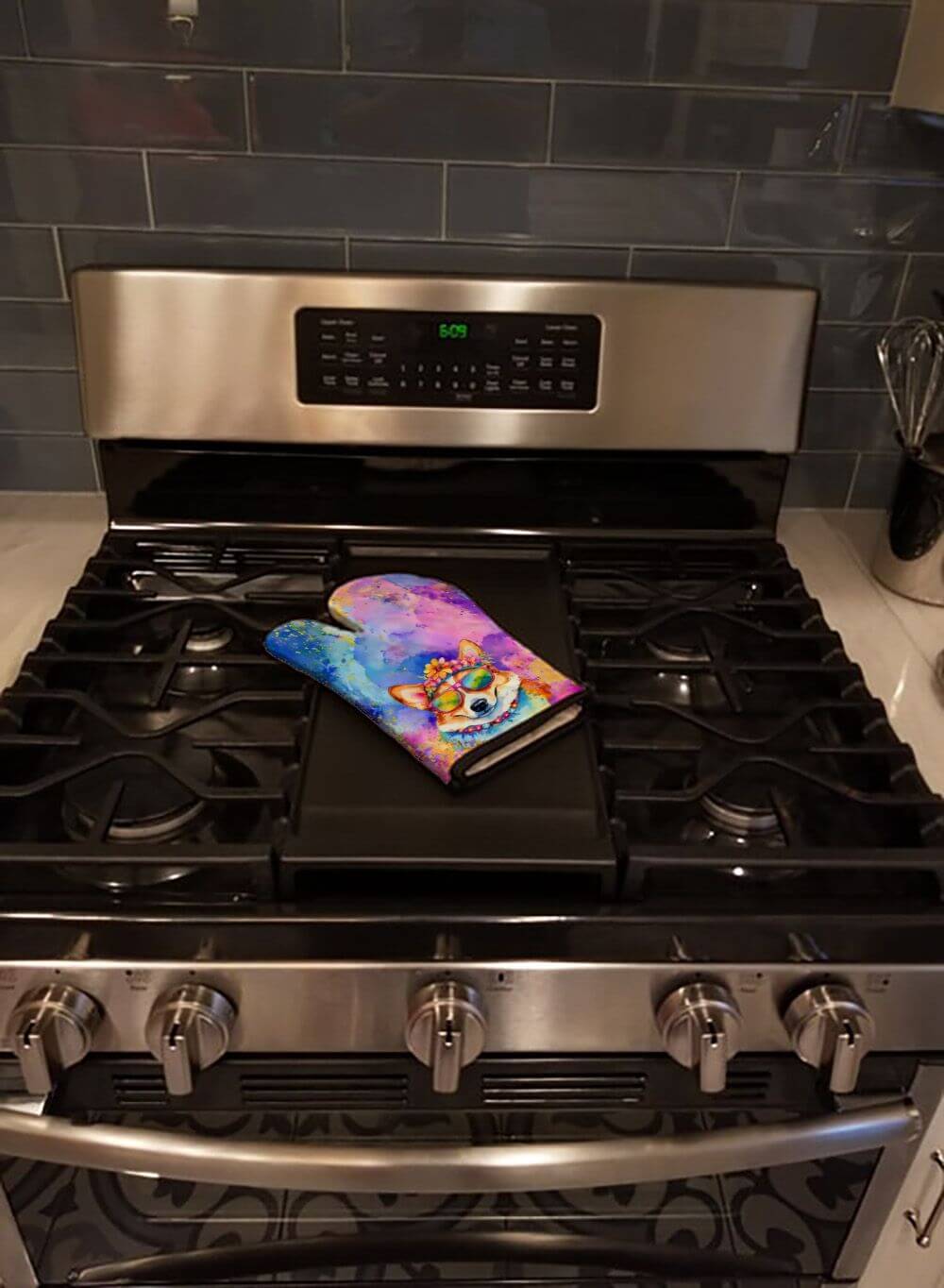 Corgi Hippie Dawg Oven Mitt Heat Resistant Thick Oven Mitt for Hot Pans and Oven, Kitchen Mitt Protect Hands, Cooking Baking Glove