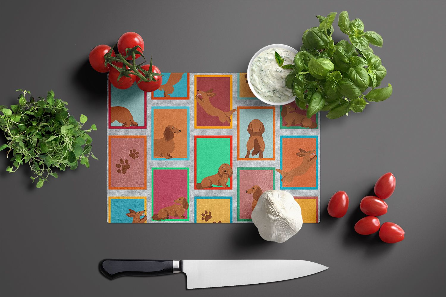 NEW Lots of Longhaired Red Dachshund Glass Cutting Board Decorative Tempered Glass Kitchen Cutting and Serving Board Large Size Chopping Board