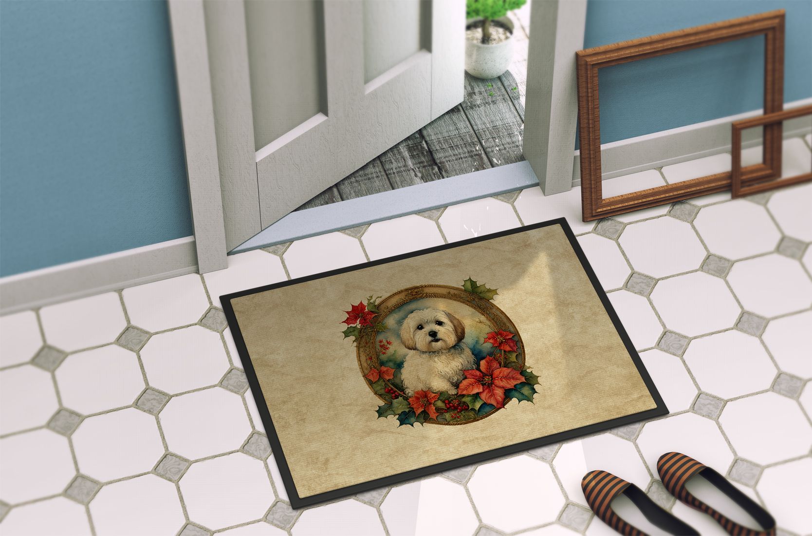 NEW Coton De Tulear Christmas Flowers Doormat Front Door Mat Indoor Outdoor Rugs for Entryway, Non Slip Washable Low Pile, 18H X 27W