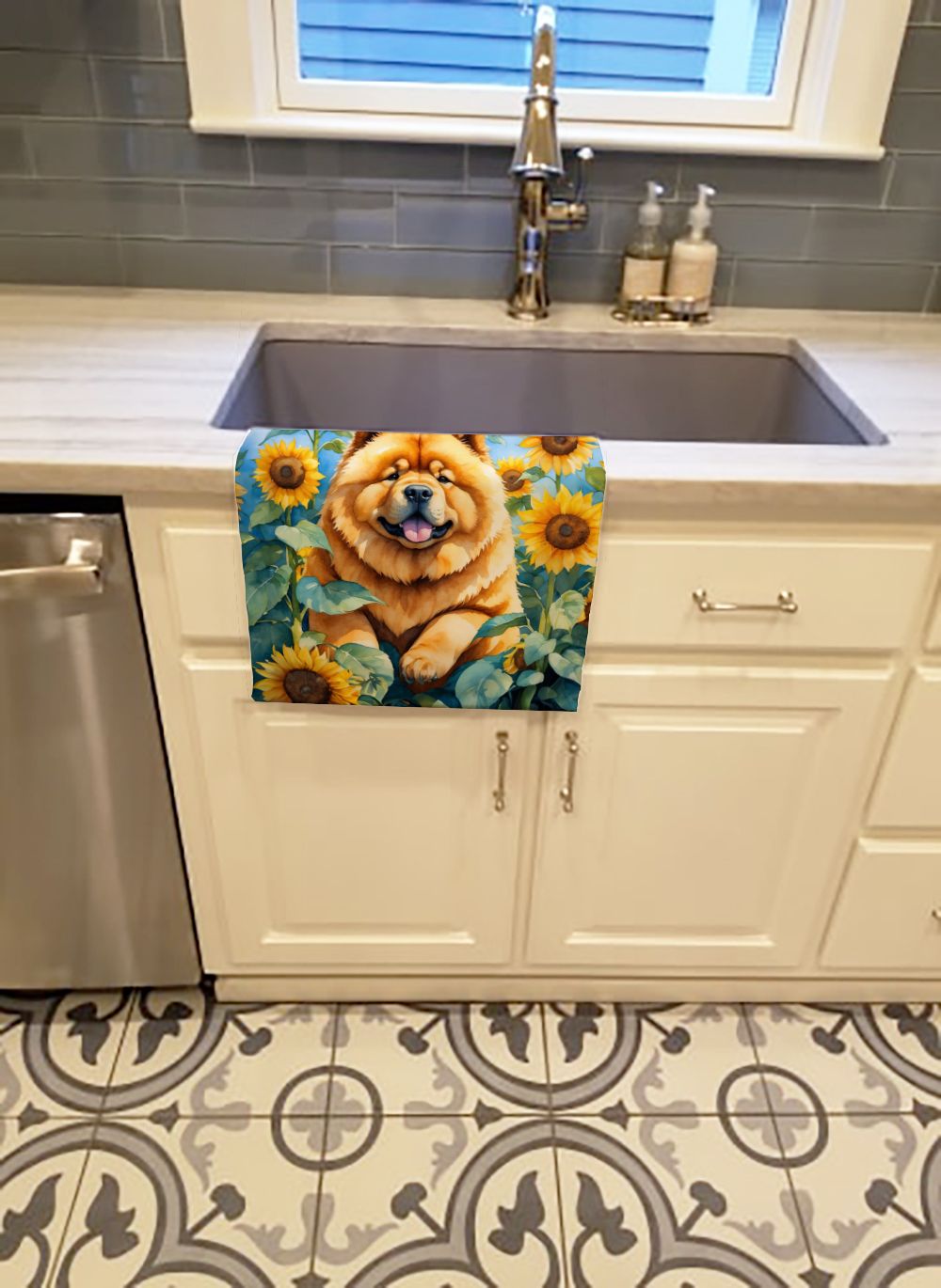 Chow Chow in Sunflowers Kitchen Towel Dish Cloths Guest Hand Towel Decorative Bathroom Towel for Face,Tea, Dishcloth, Kitchen and Bath