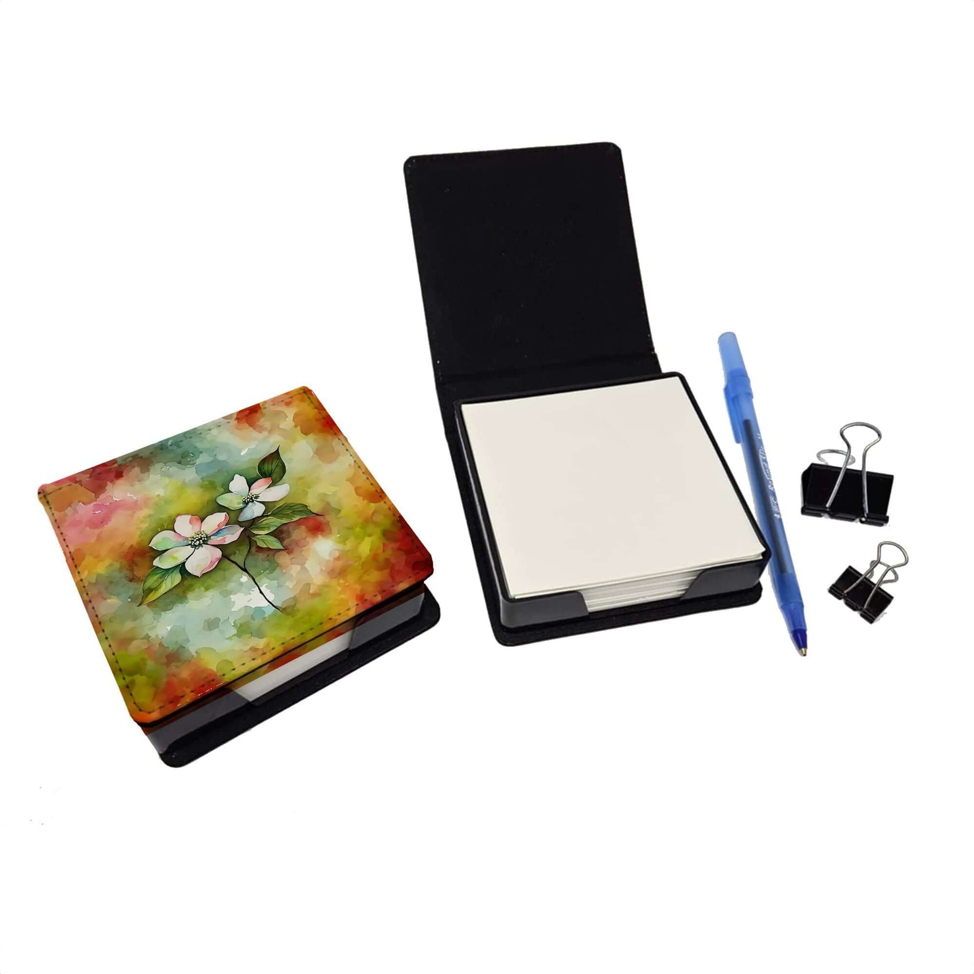 Virginia American Dogwood in Watercolor PU Leather Note Paper Holder with Artist-Designed Cover, Desk Accessory, Office Gift