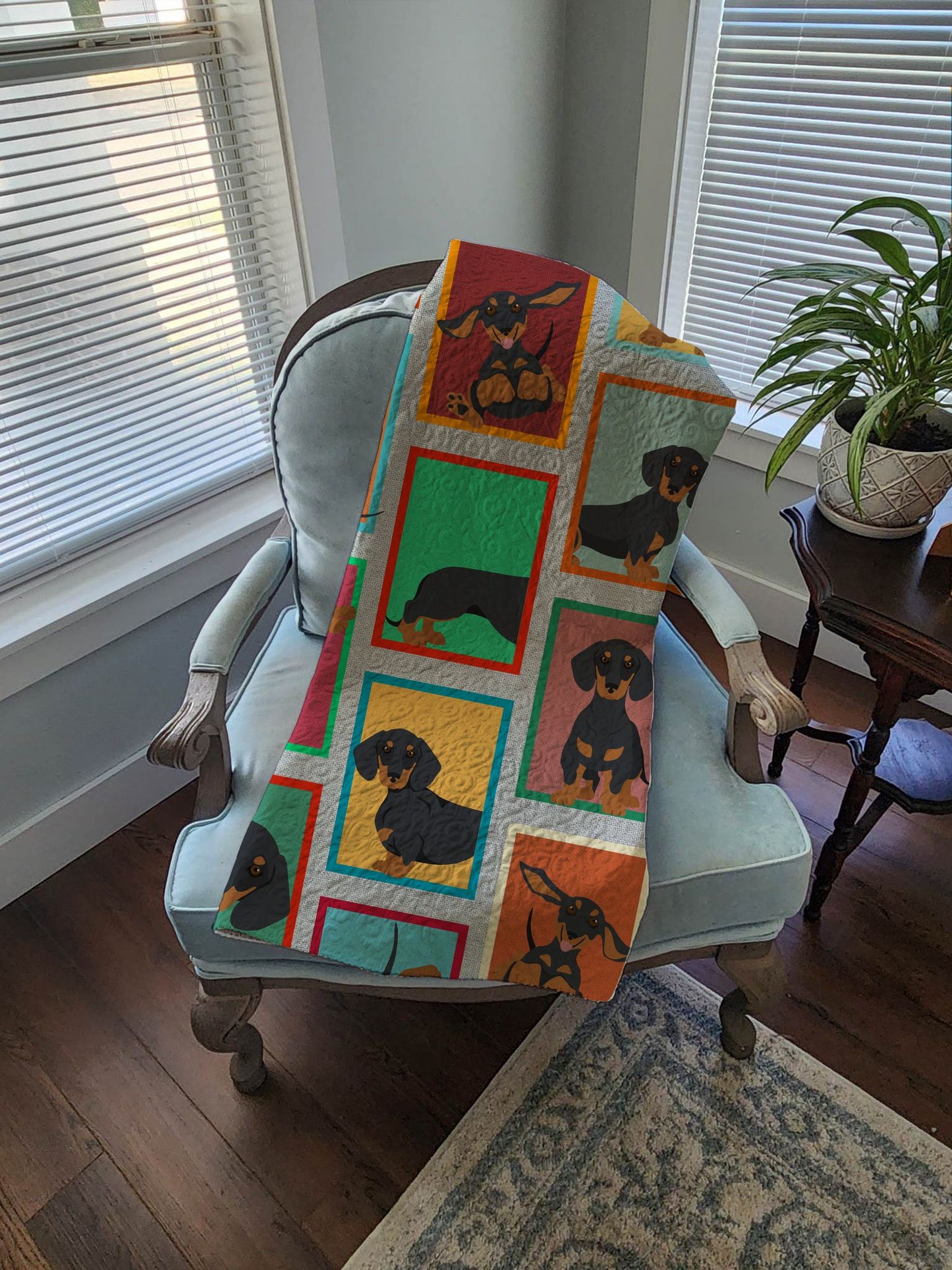 Lots of Black and Tan Dachshund Quilted Blanket 50x60 Artwork Pattern Quilted Throw Blanket for Bed, Couch, Sofa, Soft and Lightweight