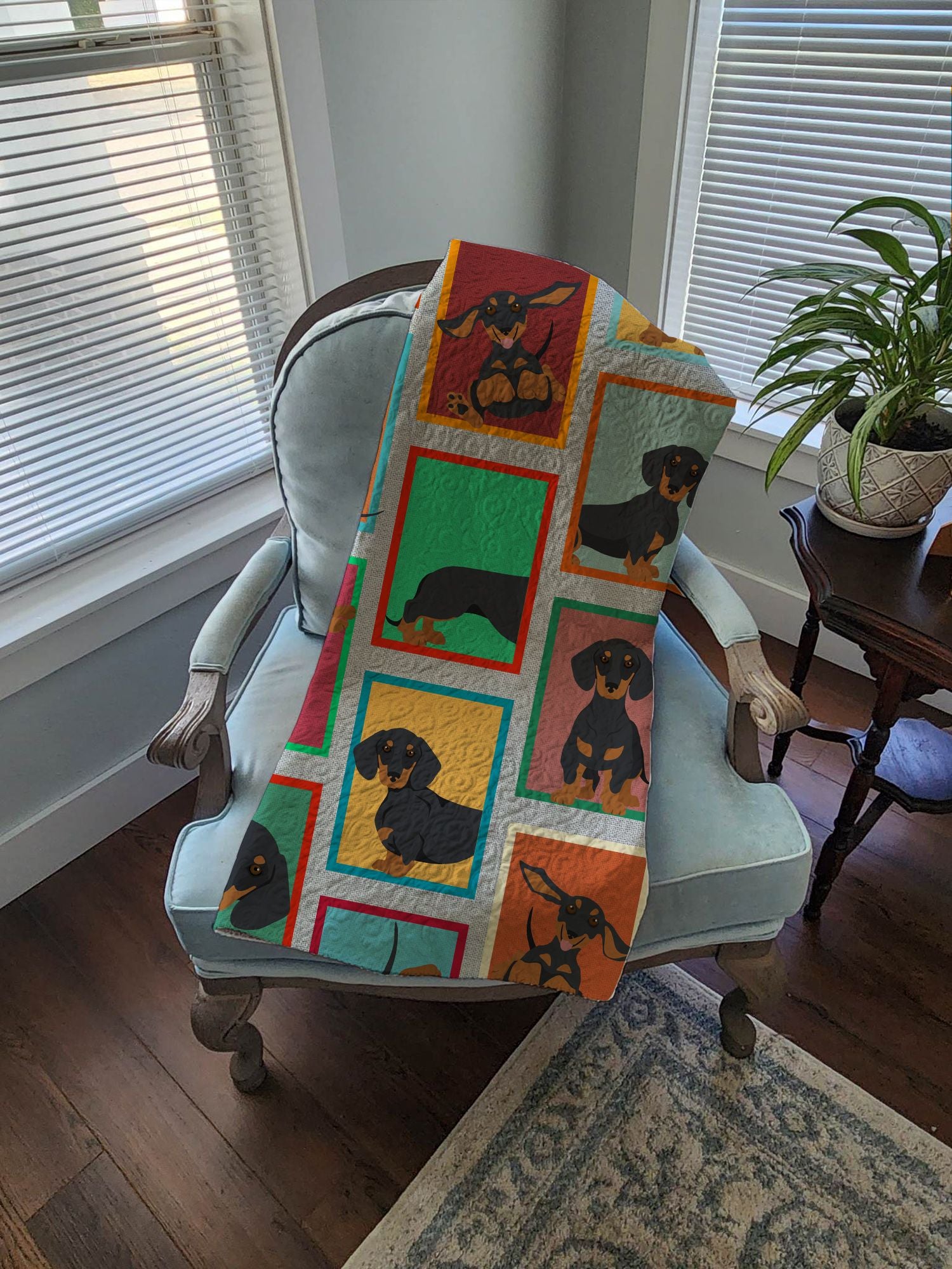 Lots of Black and Tan Dachshund Quilted Blanket 50x60 Artwork Pattern Quilted Throw Blanket for Bed, Couch, Sofa, Soft and Lightweight
