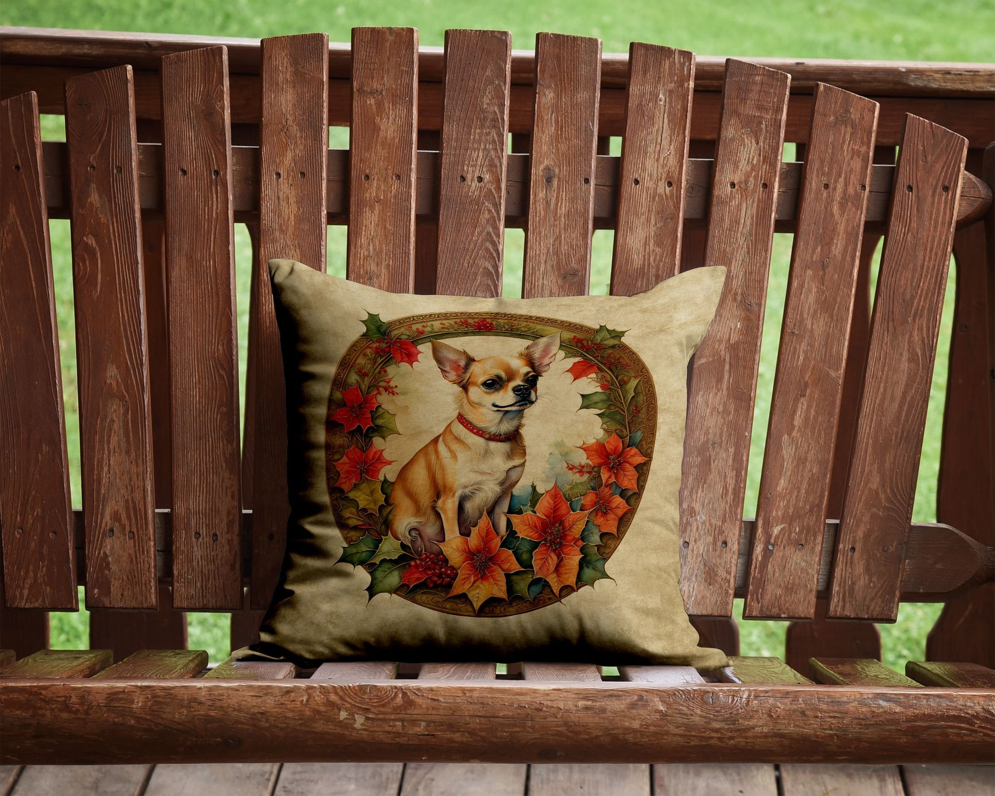 Chihuahua Christmas Flowers Throw Pillow Machine Washable, Indoor Outdoor Decorative Pillow for Couch, Bed or Patio, 14Hx14W