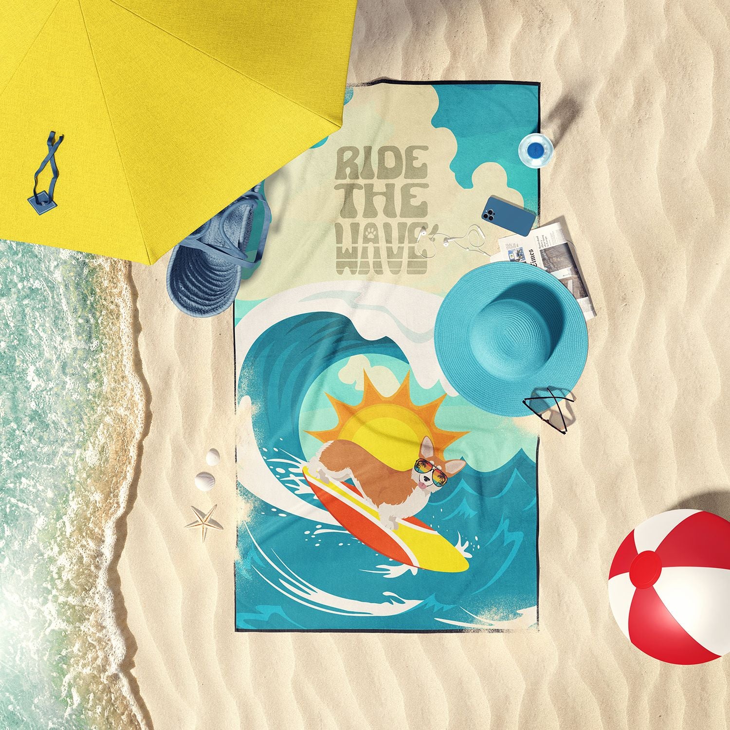 Surfer Dog Red Pembroke Corgi Premium Beach Towel Oversized Towel Beach Blanket, Pool, Beach Essentials, Yoga, Premium Bath Towel, Quick Dry Plush