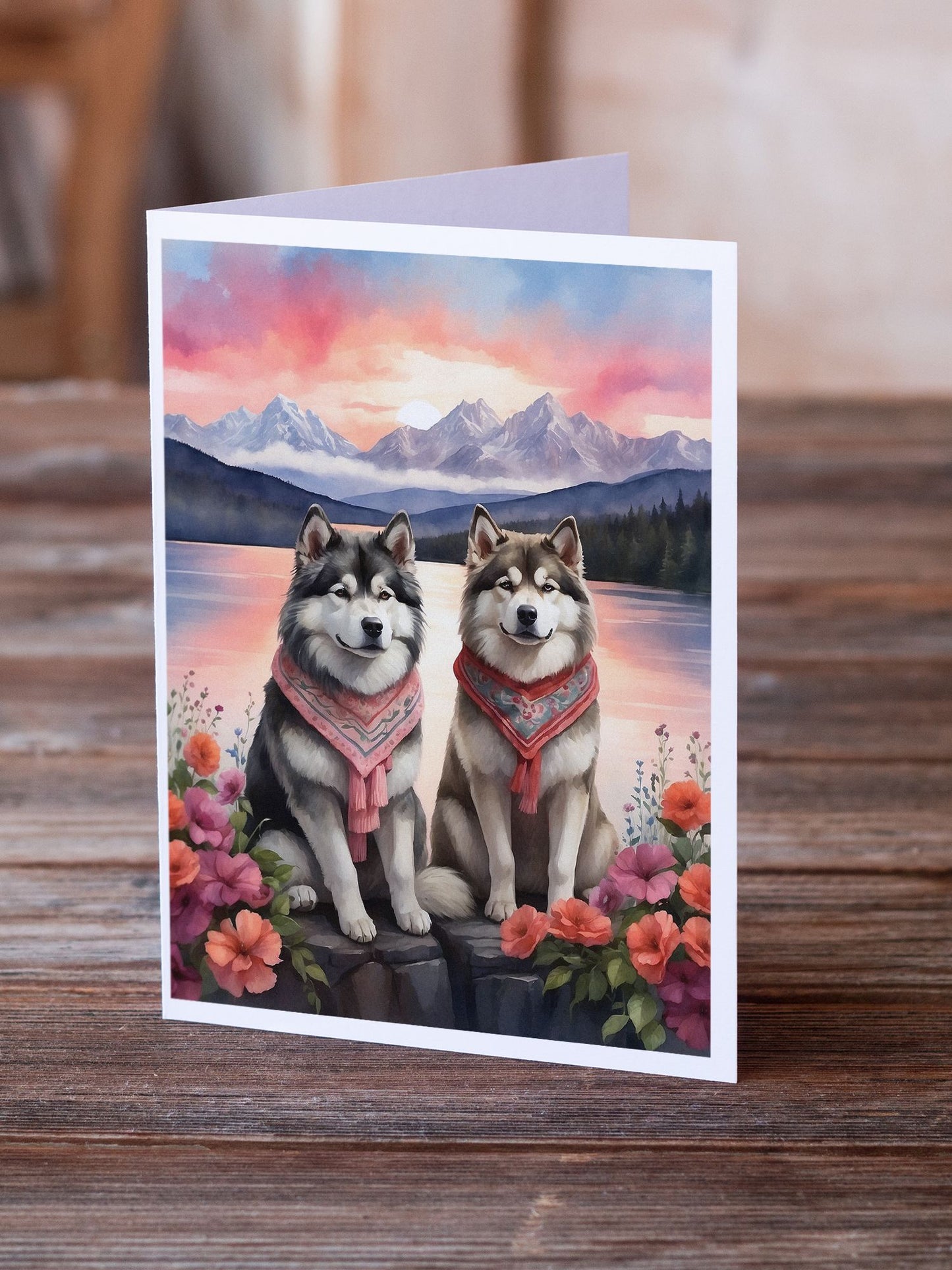 Alaskan Malamute Two Hearts Greeting Cards Pack of 8 Blank Cards with Envelopes Whimsical A7 Size 5x7 Blank Note Cards