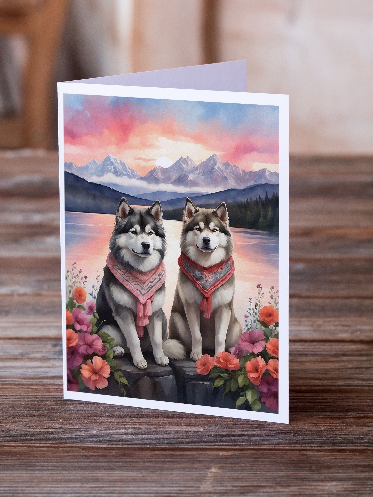 Alaskan Malamute Two Hearts Greeting Cards Pack of 8 Blank Cards with Envelopes Whimsical A7 Size 5x7 Blank Note Cards