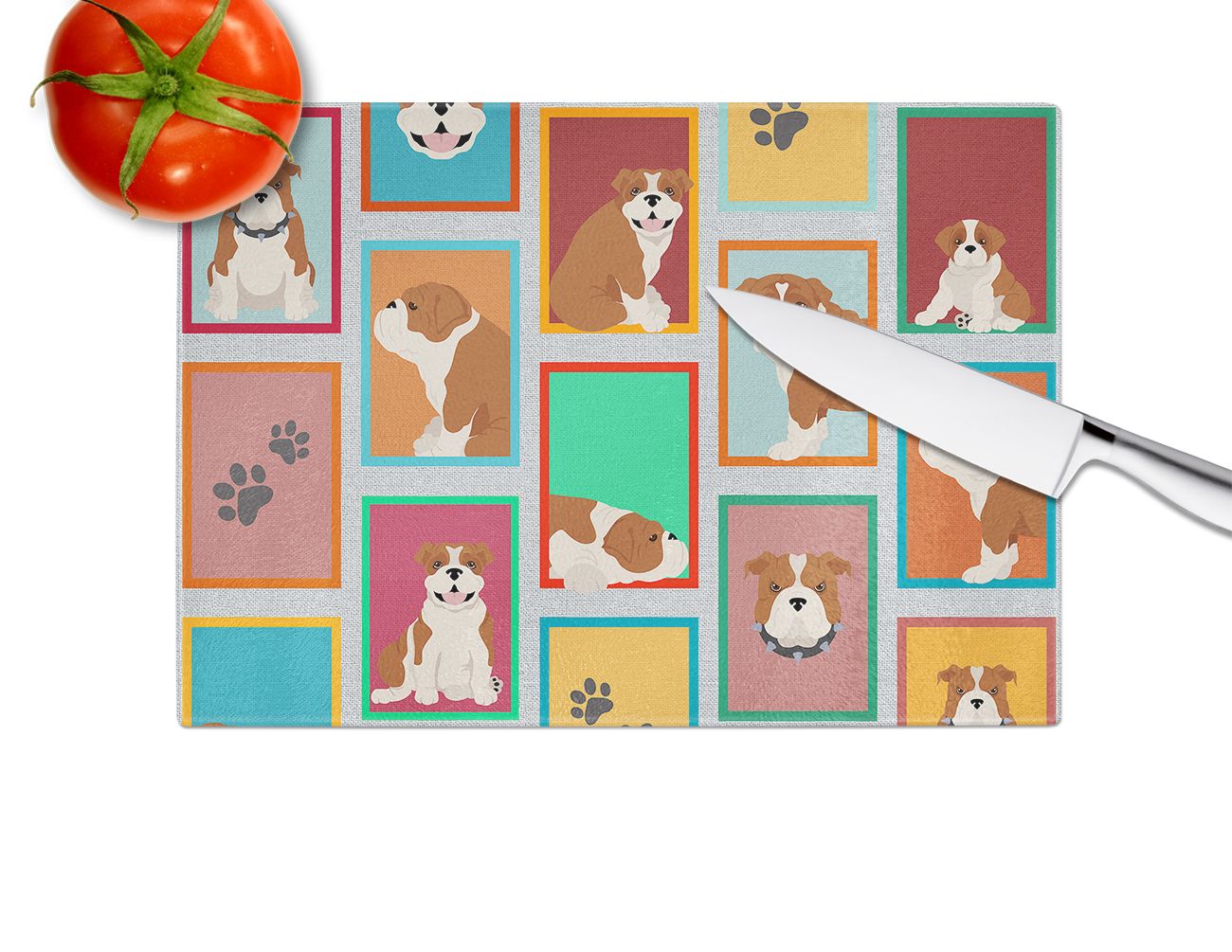 NEW Lots of Red and White English Bulldog Glass Cutting Board Decorative Tempered Glass Kitchen Cutting and Serving Board Large Size Chopping Board