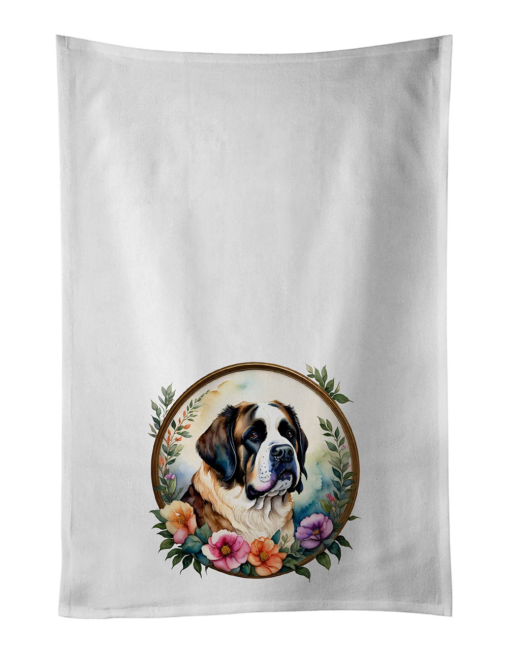Saint Bernard and Flowers Kitchen Towel Set of 2 White Dish Towels Decorative Bathroom Hand towel for Hand, Face, Hair, Yoga, Tea, Dishcloth, 19 X 28", White
