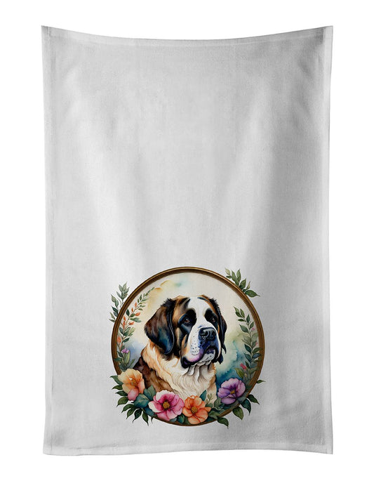 Saint Bernard and Flowers Kitchen Towel Set of 2 White Dish Towels Decorative Bathroom Hand towel for Hand, Face, Hair, Yoga, Tea, Dishcloth, 19 X 28", White