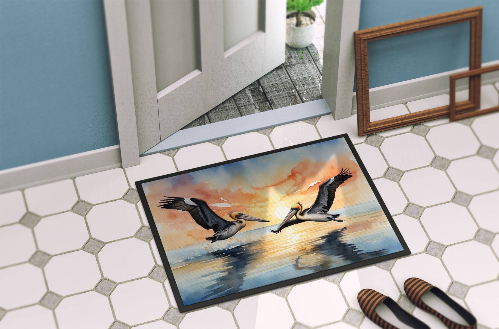 Pelicans Flying Doormat Front Door Mat Indoor Outdoor Rugs for Entryway, Non Slip Washable Low Pile, 24H X 36W