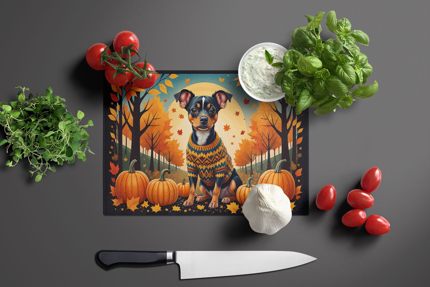NEW Miniature Pinscher Fall Glass Cutting Board Decorative Tempered Glass Kitchen Cutting and Serving Board Large Size Chopping Board