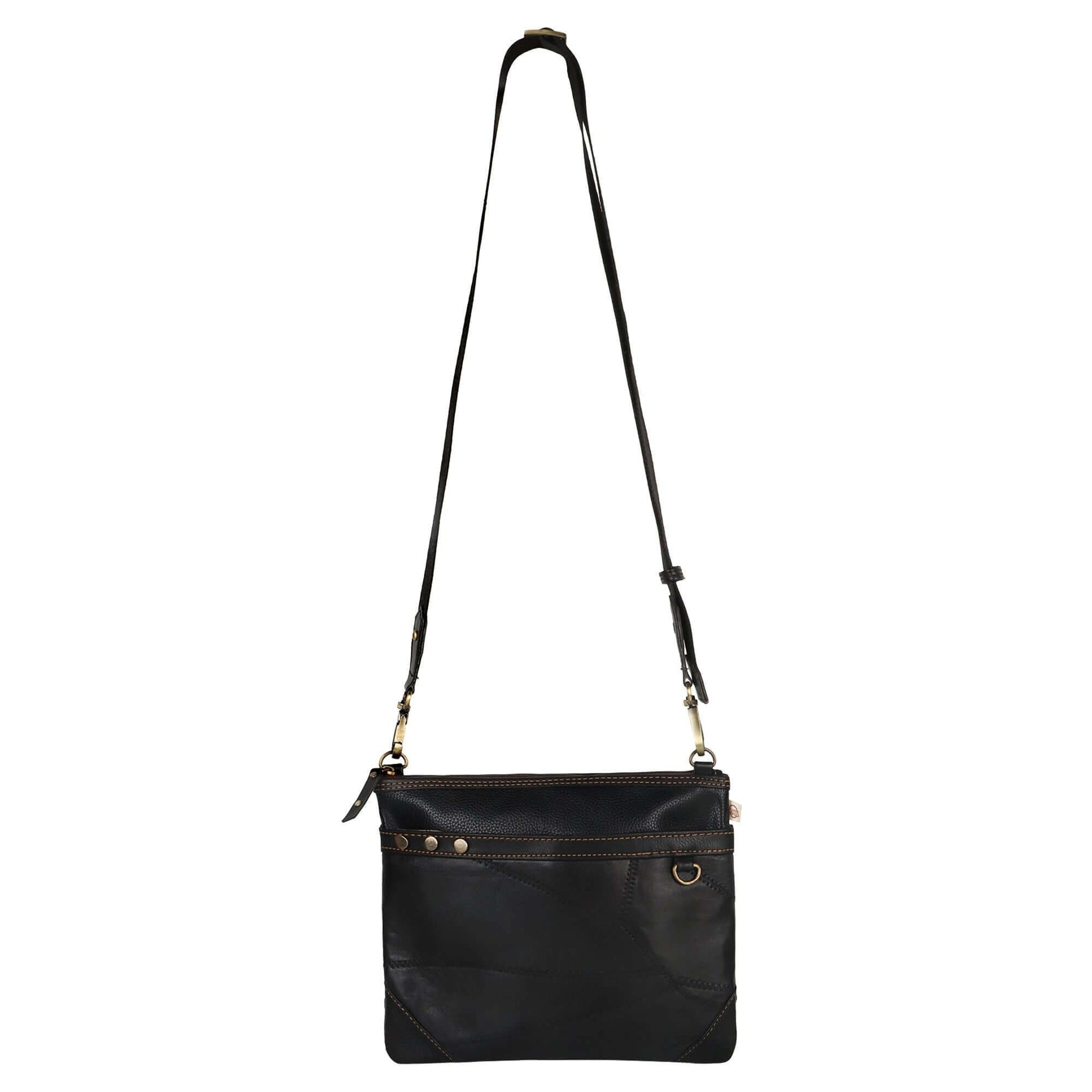 Brook Wide Crossbody Bag made with upcycled leather + premium vegan leather in Black