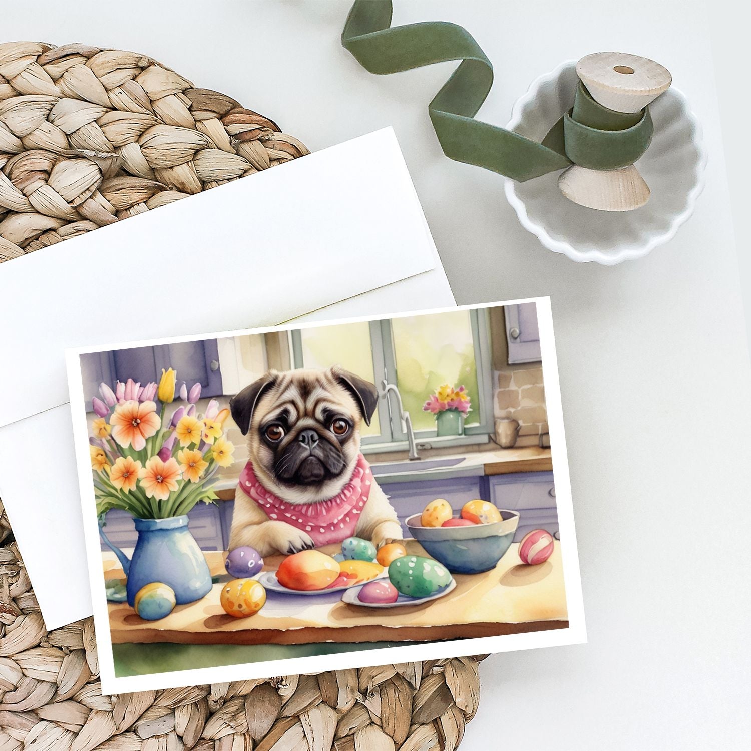 Decorating Easter Pug Greeting Cards Pack of 8 Blank Cards with Envelopes Whimsical A7 Size 5x7 Blank Note Cards