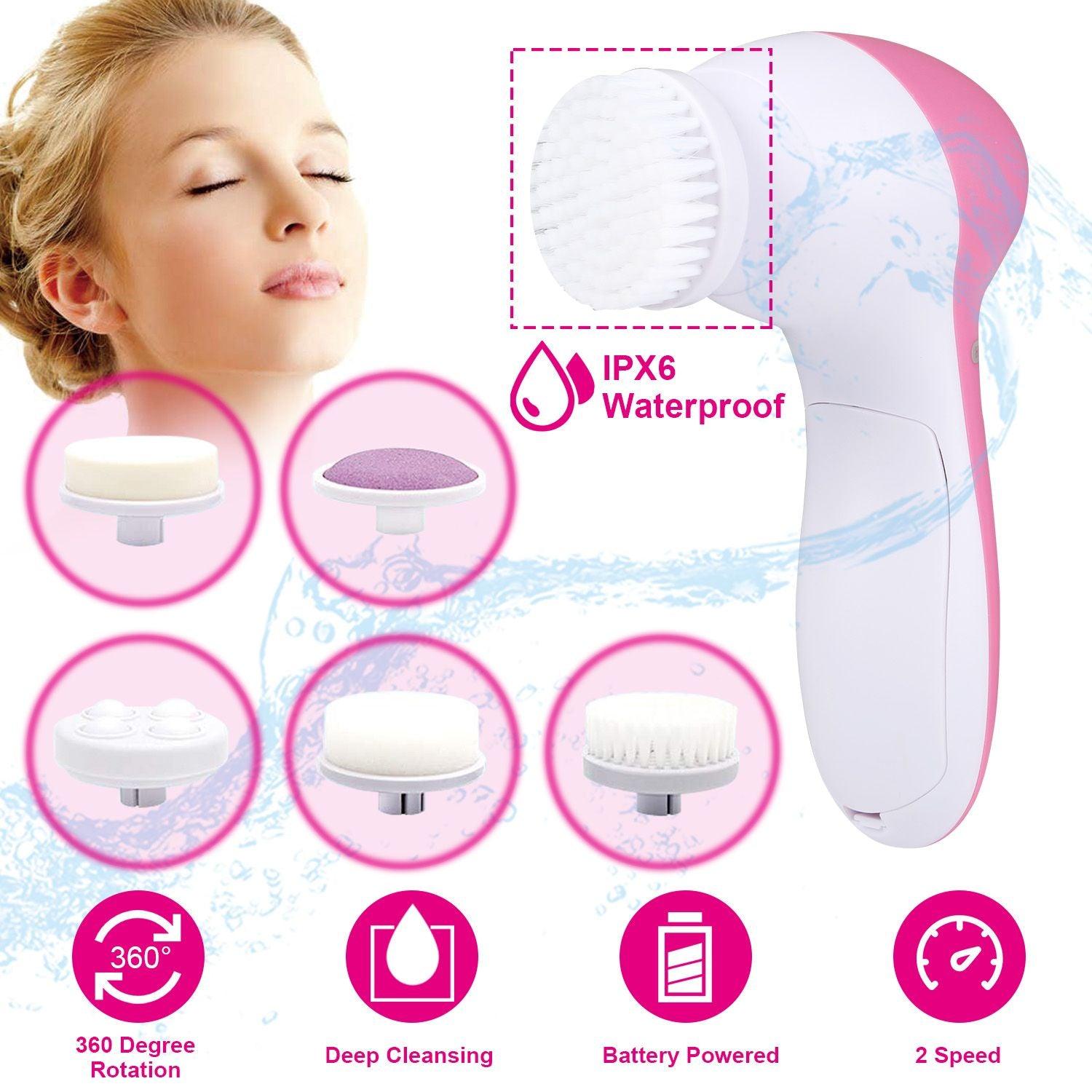 Facial Cleansing Brush Waterproof Face Spin Cleaning Brush with 5 Brush Heads - Clothes For Her Online Store
