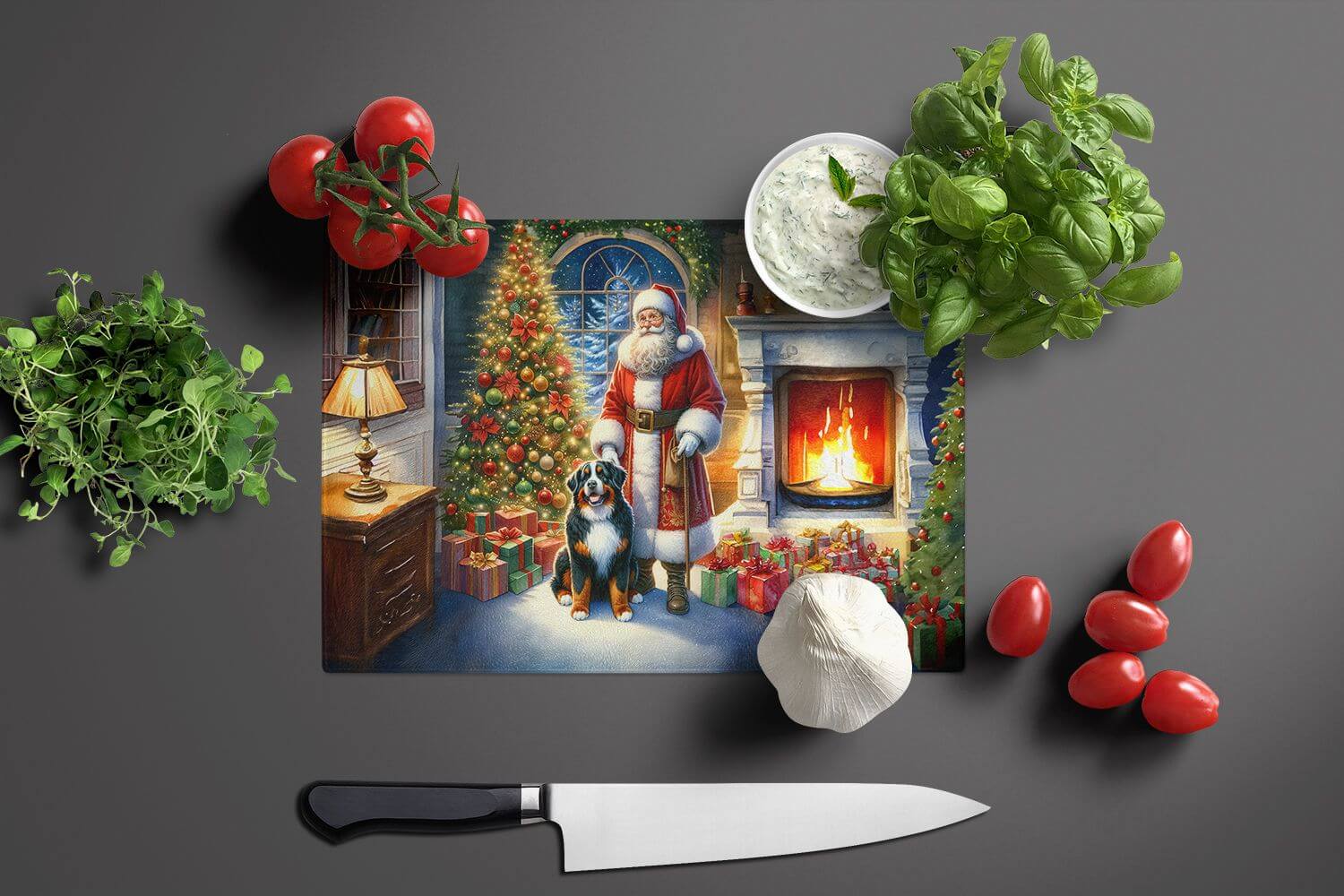 NEW Bernese Mountain Dog and Santa Claus Glass Cutting Board Decorative Tempered Glass Kitchen Cutting and Serving Board Large Size Chopping Board