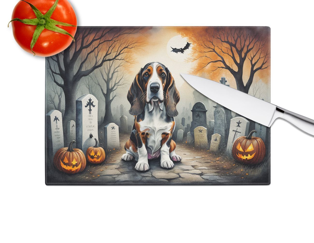 NEW Basset Hound Spooky Halloween Glass Cutting Board Decorative Tempered Glass Kitchen Cutting and Serving Board Large Size Chopping Board