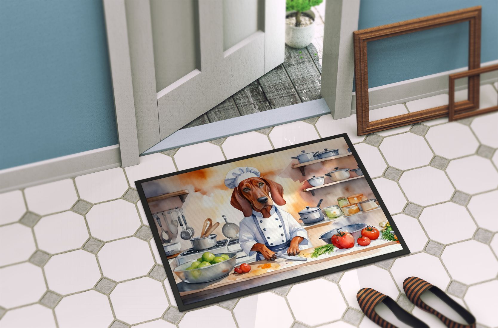 NEW Redbone Coonhound The Chef Doormat Front Door Mat Indoor Outdoor Rugs for Entryway, Non Slip Washable Low Pile, 18H X 27W