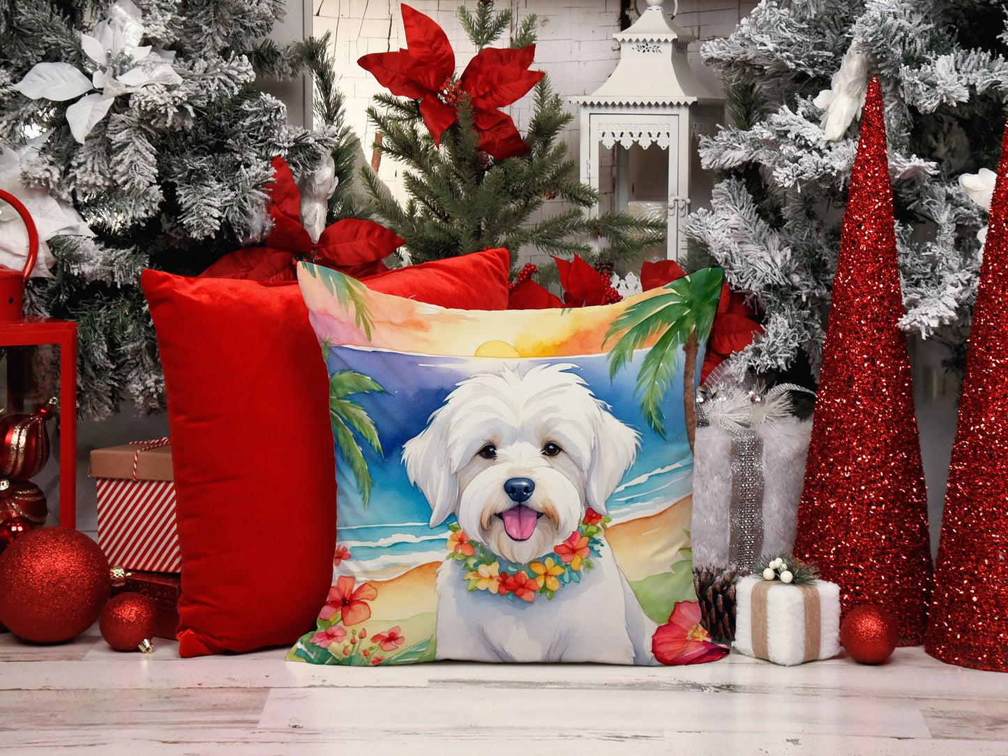 Coton de Tulear Luau Throw Pillow Machine Washable, Indoor Outdoor Decorative Pillow for Couch, Bed or Patio, 14Hx14W