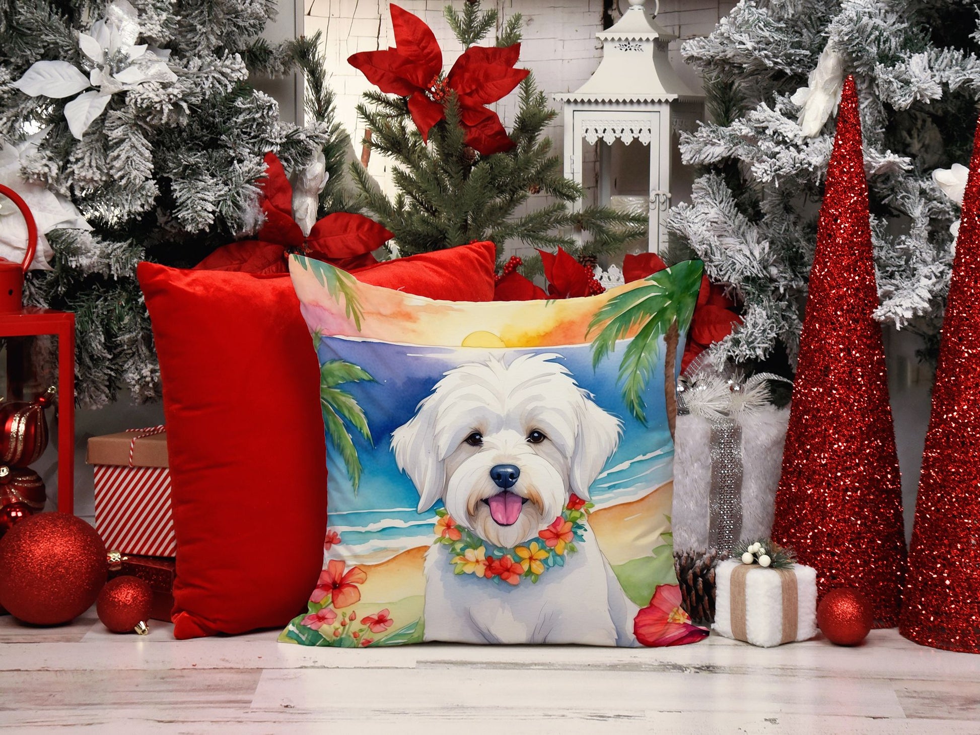 Coton de Tulear Luau Throw Pillow Machine Washable, Indoor Outdoor Decorative Pillow for Couch, Bed or Patio, 14Hx14W